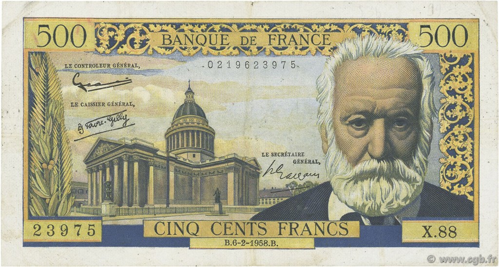 500 Francs VICTOR HUGO FRANCIA  1958 F.35.08 BC+