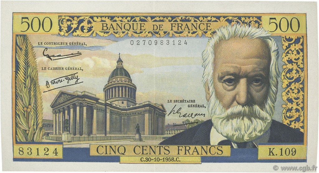 500 Francs VICTOR HUGO FRANCIA  1958 F.35.11 EBC