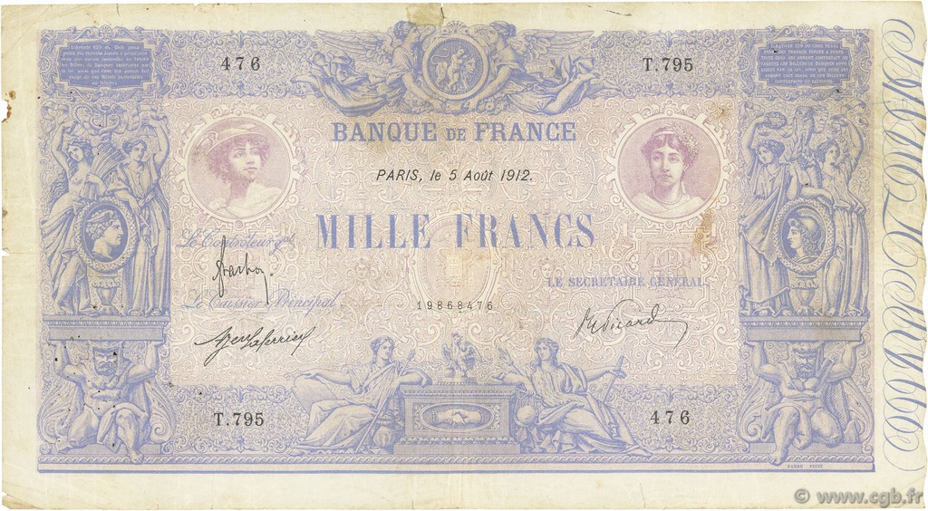 1000 Francs BLEU ET ROSE FRANCIA  1912 F.36.26 q.MB