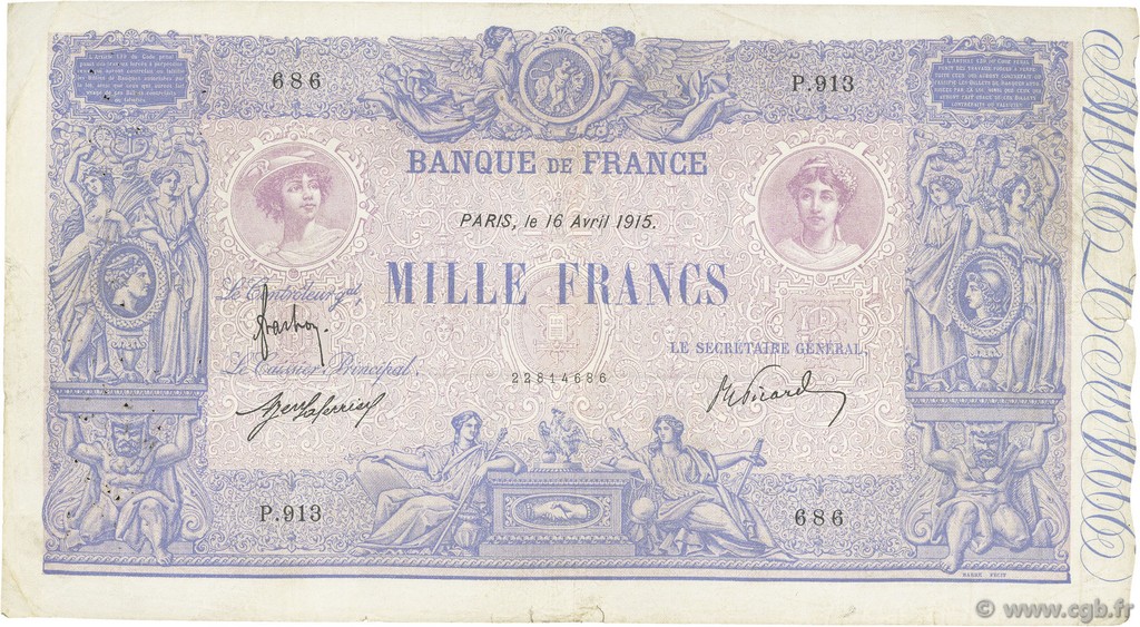 1000 Francs BLEU ET ROSE FRANCIA  1915 F.36.29 BC