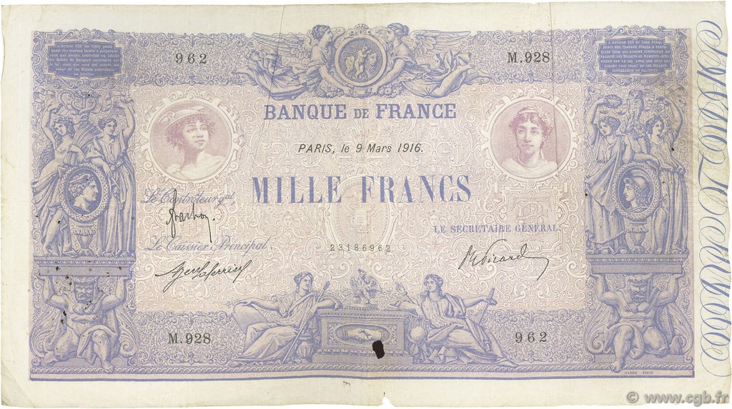 1000 Francs BLEU ET ROSE FRANCIA  1916 F.36.30 BC+