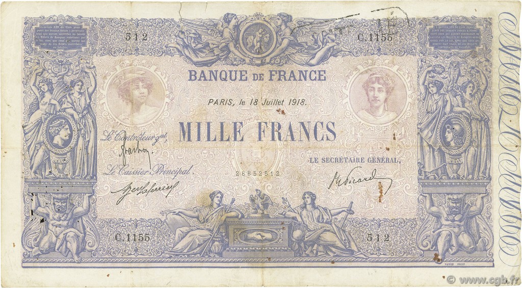 1000 Francs BLEU ET ROSE FRANCIA  1918 F.36.32 RC+