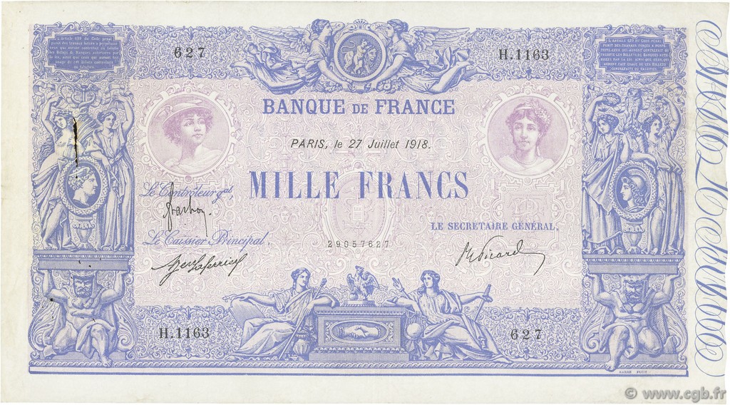 1000 Francs BLEU ET ROSE FRANCE  1918 F.36.32 VF-
