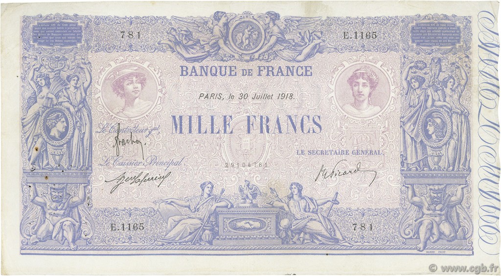 1000 Francs BLEU ET ROSE FRANCE  1918 F.36.32 VF