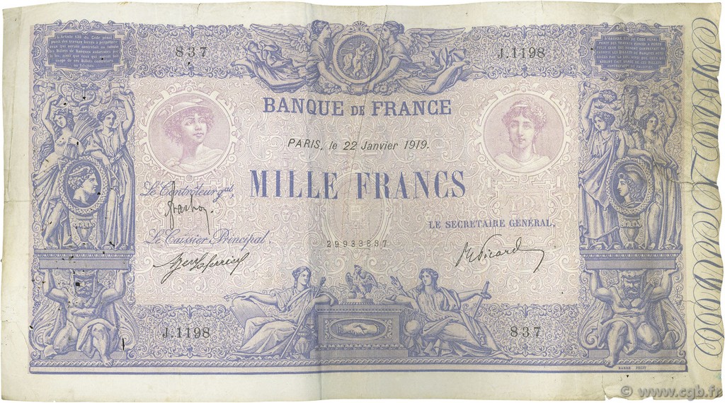 1000 Francs BLEU ET ROSE FRANCIA  1919 F.36.33 q.MB