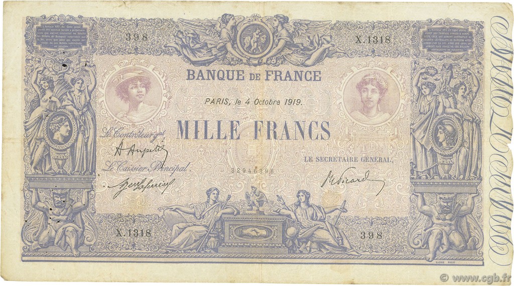 1000 Francs BLEU ET ROSE FRANCE  1919 F.36.34 VG