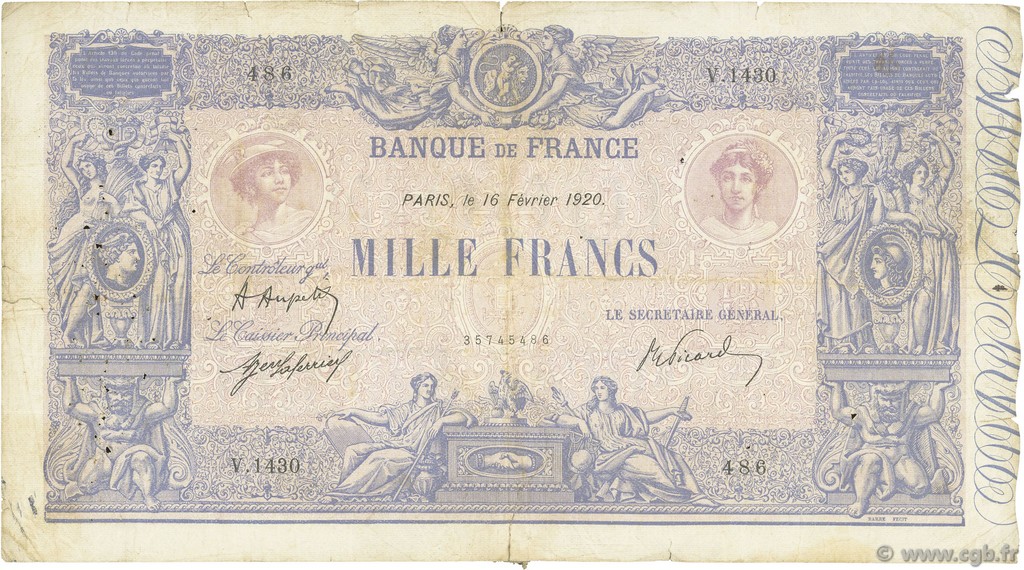 1000 Francs BLEU ET ROSE FRANKREICH  1920 F.36.35 SGE