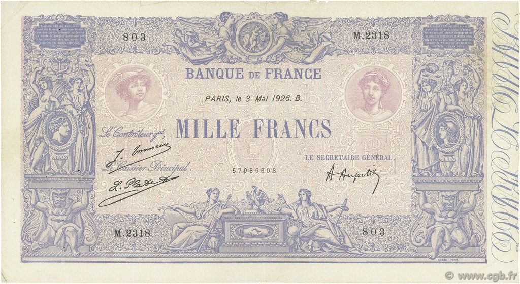 1000 Francs BLEU ET ROSE FRANCIA  1926 F.36.42 MB a BB