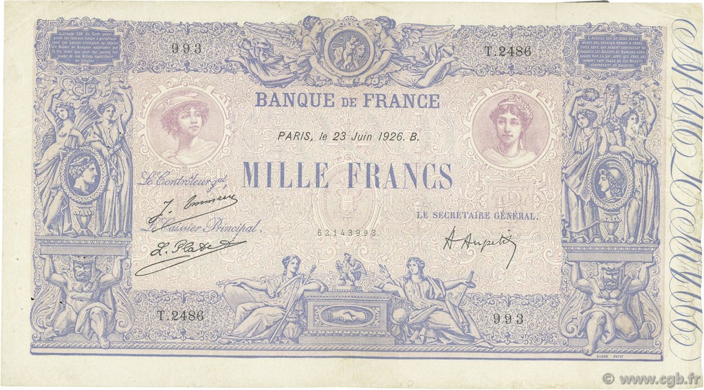 1000 Francs BLEU ET ROSE FRANCIA  1926 F.36.42 BC+