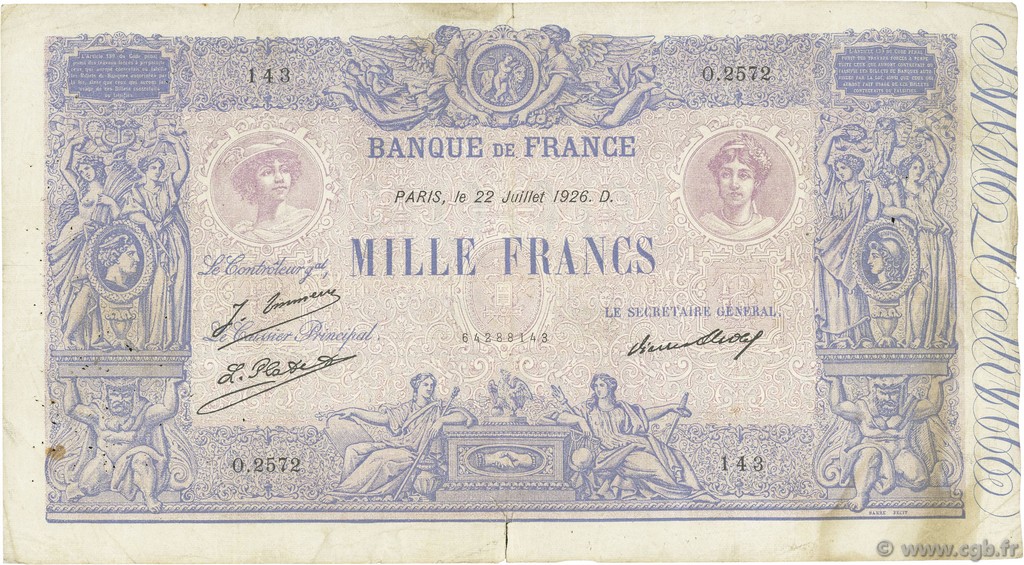 1000 Francs BLEU ET ROSE FRANCIA  1926 F.36.43 q.MB