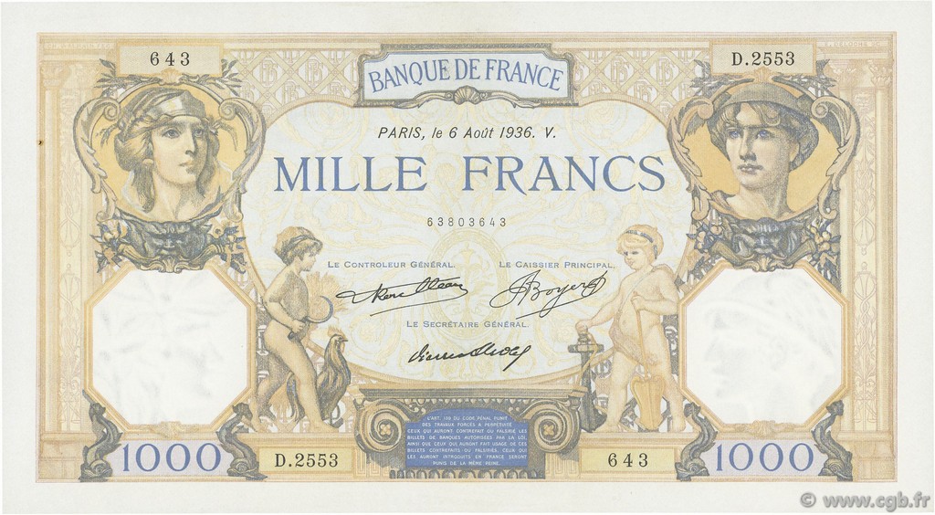 1000 Francs CÉRÈS ET MERCURE FRANCE  1936 F.37.09 XF+