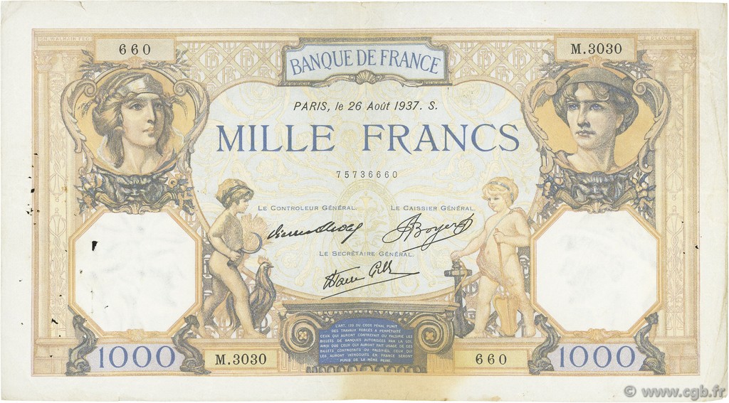 1000 Francs CÉRÈS ET MERCURE type modifié FRANCE  1937 F.38.03 F