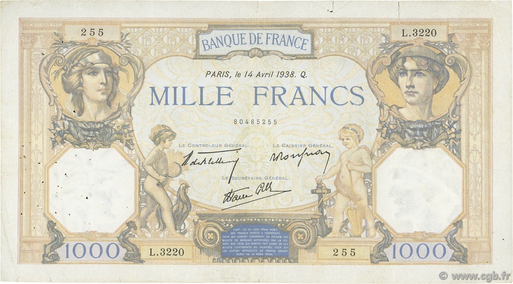 1000 Francs CÉRÈS ET MERCURE type modifié FRANCIA  1938 F.38.11 q.MB