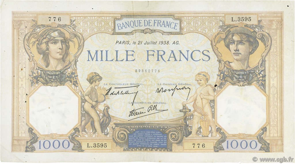 1000 Francs CÉRÈS ET MERCURE type modifié FRANKREICH  1938 F.38.24 S
