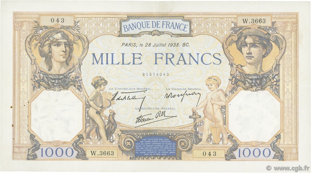 1000 Francs CÉRÈS ET MERCURE type modifié FRANCIA  1938 F.38.25 MBC
