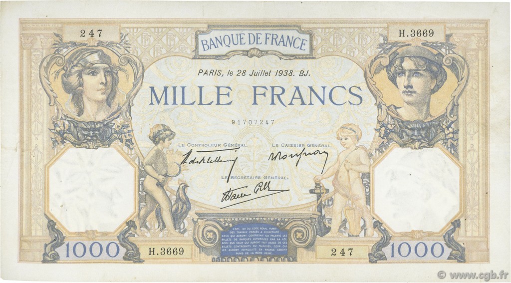1000 Francs CÉRÈS ET MERCURE type modifié FRANCE  1938 F.38.25 TTB