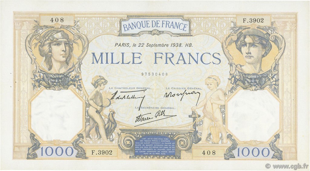 1000 Francs CÉRÈS ET MERCURE type modifié FRANCIA  1938 F.38.27 MBC a EBC
