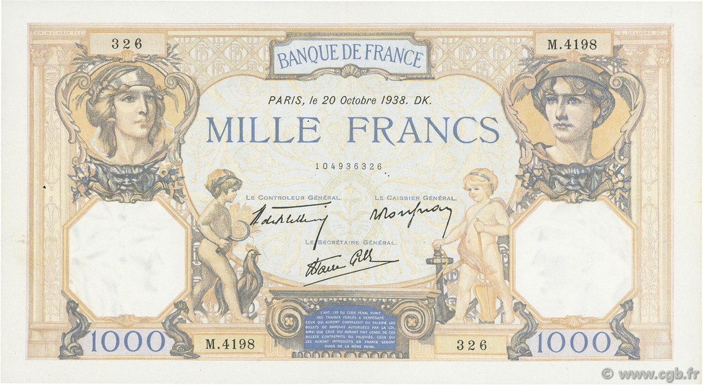 1000 Francs CÉRÈS ET MERCURE type modifié FRANKREICH  1938 F.38.30 SS