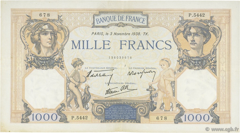 1000 Francs CÉRÈS ET MERCURE type modifié FRANCIA  1938 F.38.32 BB