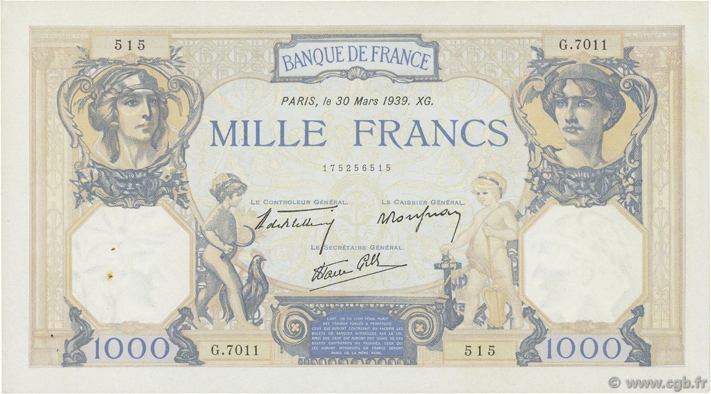 1000 Francs CÉRÈS ET MERCURE type modifié FRANCIA  1939 F.38.35 EBC