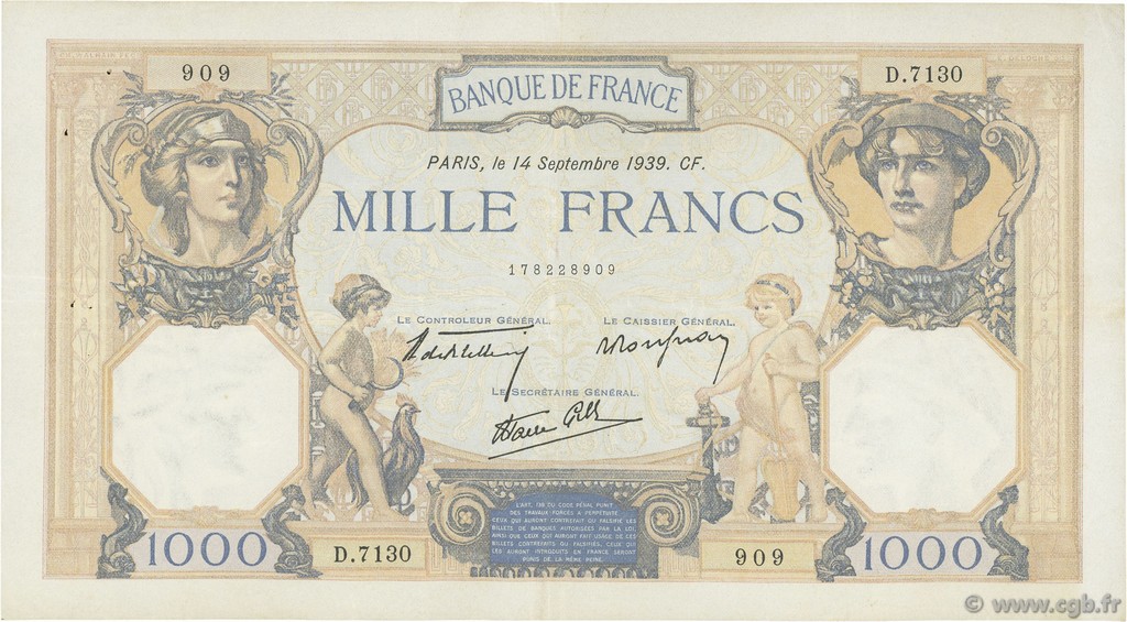 1000 Francs CÉRÈS ET MERCURE type modifié FRANKREICH  1939 F.38.36 fVZ