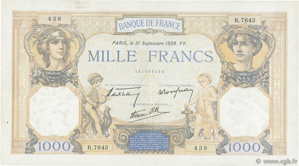 1000 Francs CÉRÈS ET MERCURE type modifié FRANCIA  1939 F.38.37 MBC