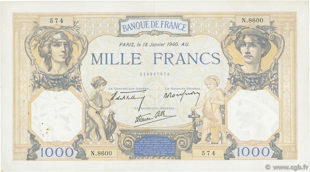 1000 Francs CÉRÈS ET MERCURE type modifié FRANCIA  1940 F.38.41 MBC
