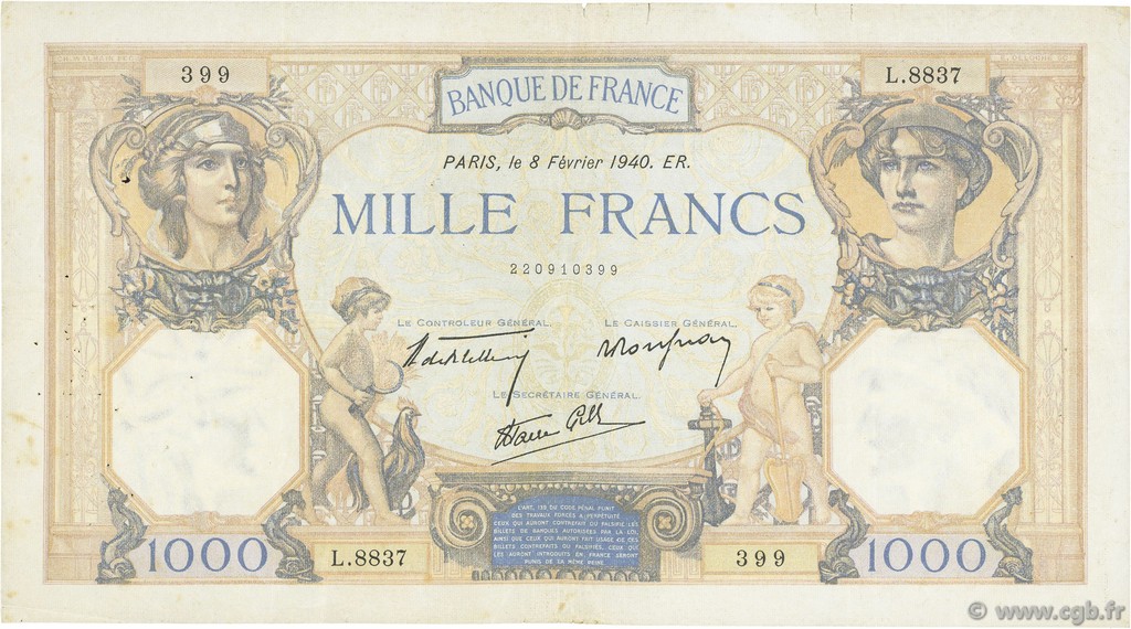 1000 Francs CÉRÈS ET MERCURE type modifié FRANCIA  1940 F.38.42 MB