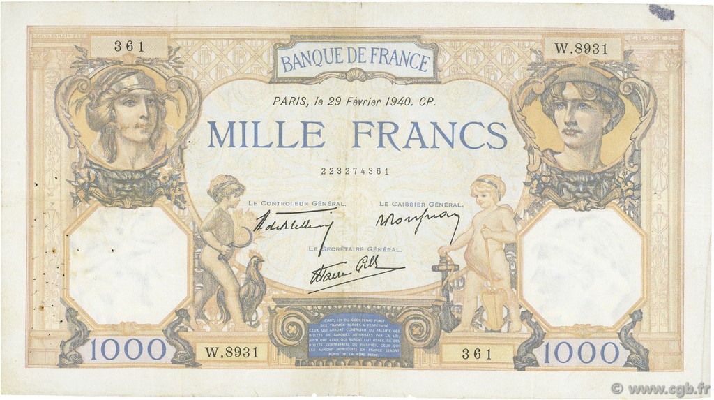 1000 Francs CÉRÈS ET MERCURE type modifié FRANCIA  1940 F.38.43 BC