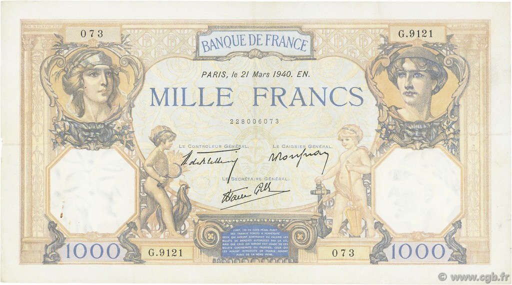 1000 Francs CÉRÈS ET MERCURE type modifié FRANCE  1940 F.38.44 VF