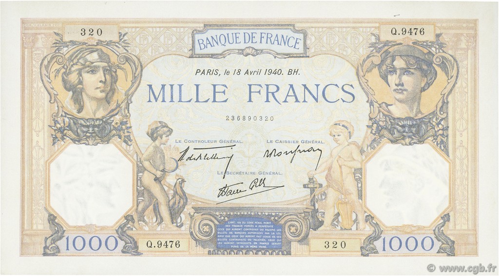 1000 Francs CÉRÈS ET MERCURE type modifié FRANCE  1940 F.38.46 pr.SPL