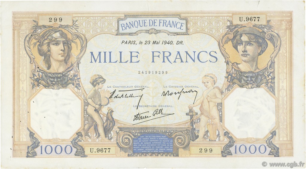 1000 Francs CÉRÈS ET MERCURE type modifié FRANKREICH  1940 F.38.47 SS
