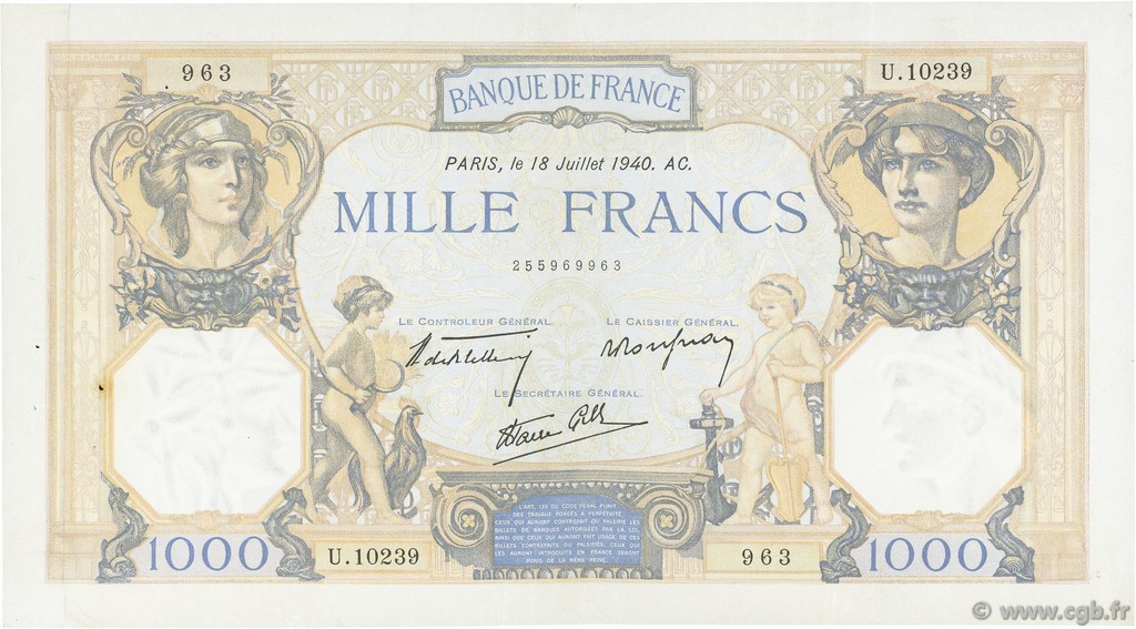 1000 Francs CÉRÈS ET MERCURE type modifié FRANKREICH  1940 F.38.50 SS
