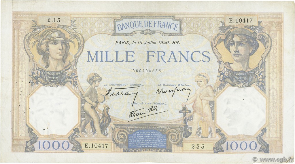 1000 Francs CÉRÈS ET MERCURE type modifié FRANCIA  1940 F.38.50 MB