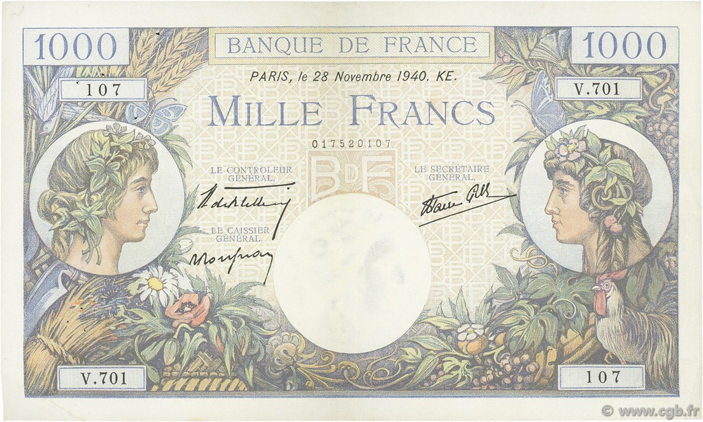 1000 Francs COMMERCE ET INDUSTRIE FRANCIA  1940 F.39.02 BB