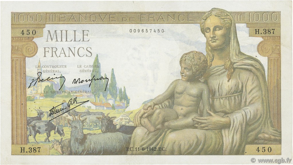1000 Francs DÉESSE DÉMÉTER FRANCE  1942 F.40.02 VF