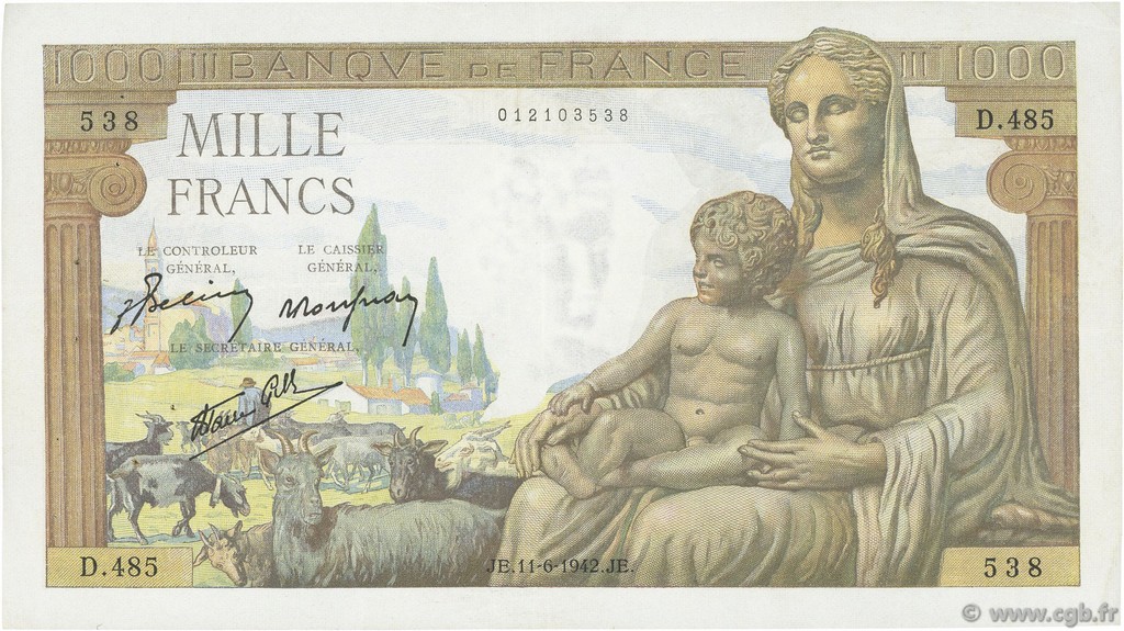 1000 Francs DÉESSE DÉMÉTER FRANCE  1942 F.40.02 TTB+