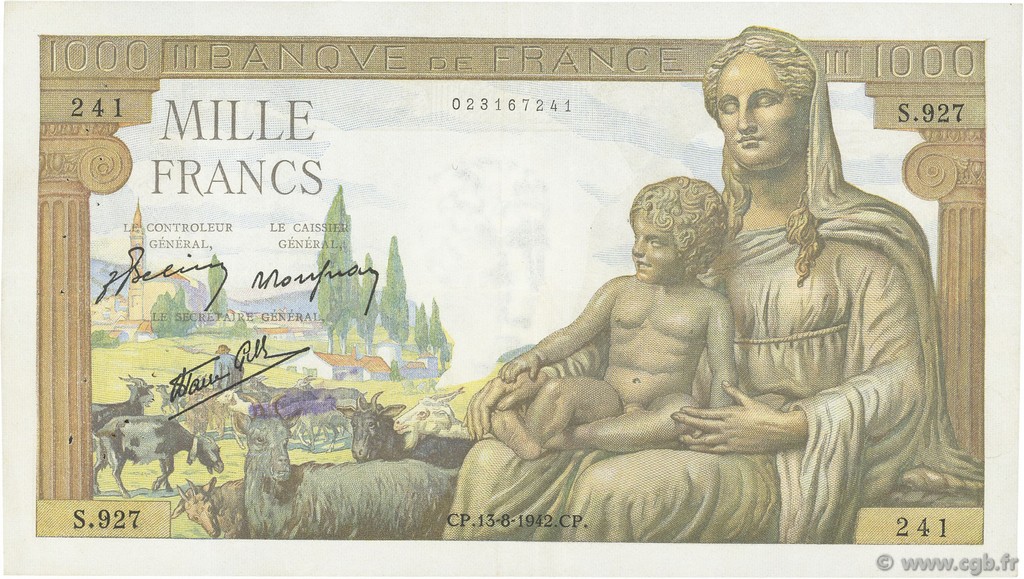 1000 Francs DÉESSE DÉMÉTER FRANCE  1942 F.40.04 VF