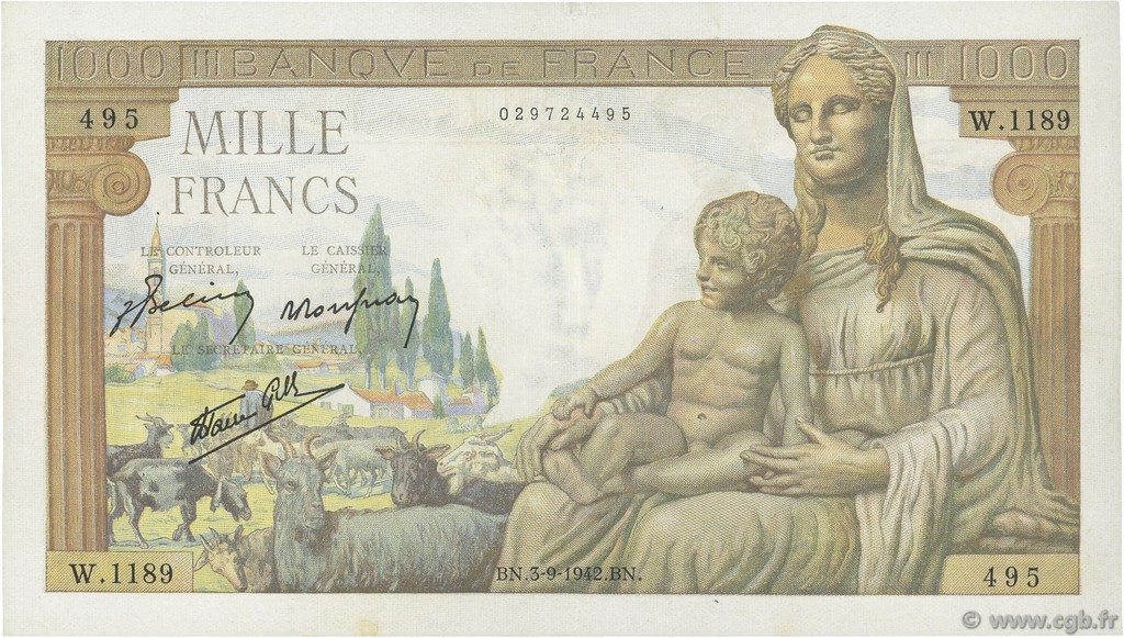 1000 Francs DÉESSE DÉMÉTER FRANKREICH  1942 F.40.06 fVZ