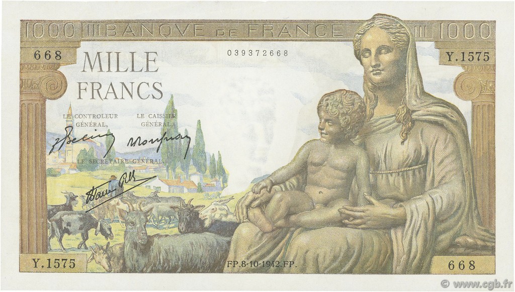 1000 Francs DÉESSE DÉMÉTER FRANCE  1942 F.40.08 AU