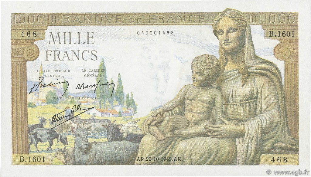 1000 Francs DÉESSE DÉMÉTER FRANCIA  1942 F.40.09 q.FDC