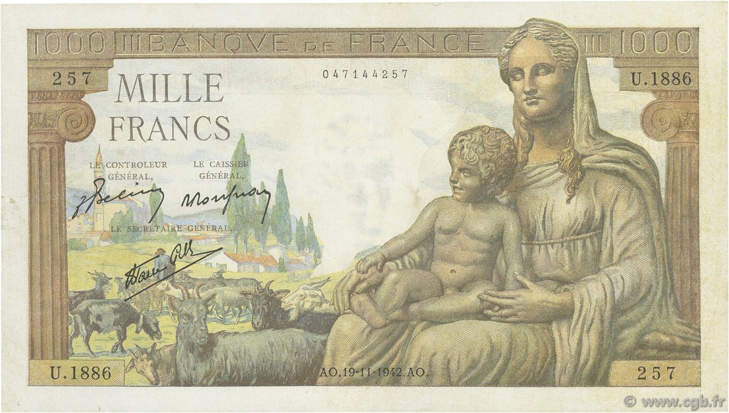 1000 Francs DÉESSE DÉMÉTER FRANCE  1942 F.40.11 VF+