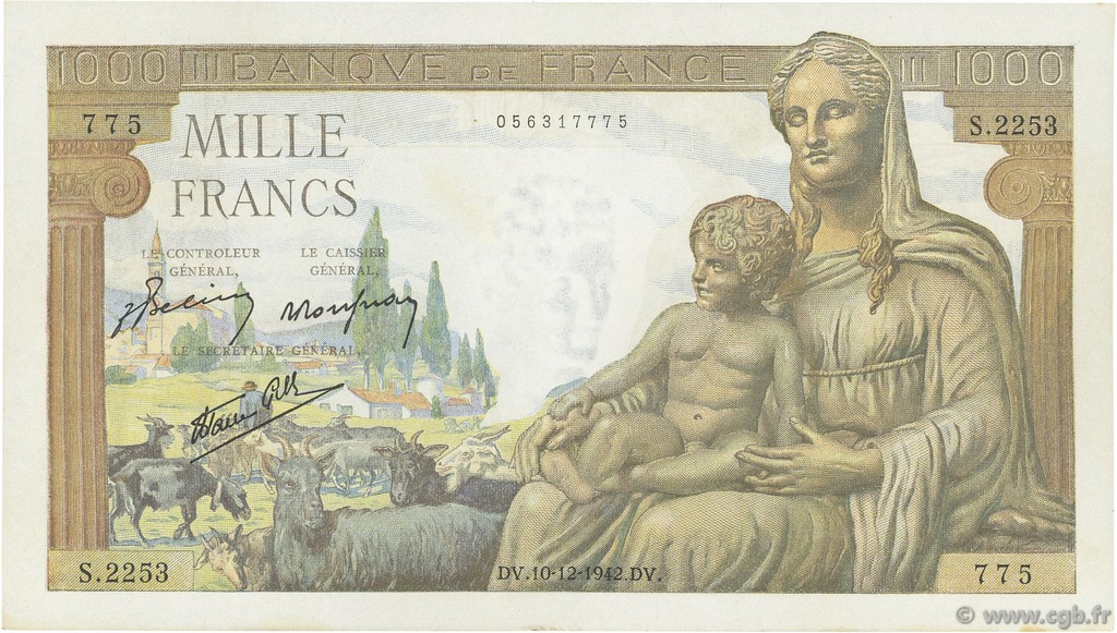 1000 Francs DÉESSE DÉMÉTER FRANCIA  1942 F.40.13 EBC+