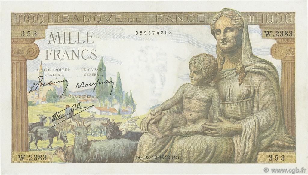 1000 Francs DÉESSE DÉMÉTER FRANCE  1942 F.40.14 XF