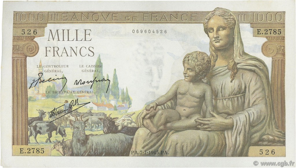 1000 Francs DÉESSE DÉMÉTER FRANCE  1943 F.40.15 VF - XF