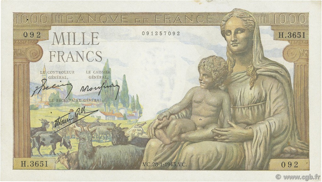 1000 Francs DÉESSE DÉMÉTER FRANCE  1943 F.40.17 XF-