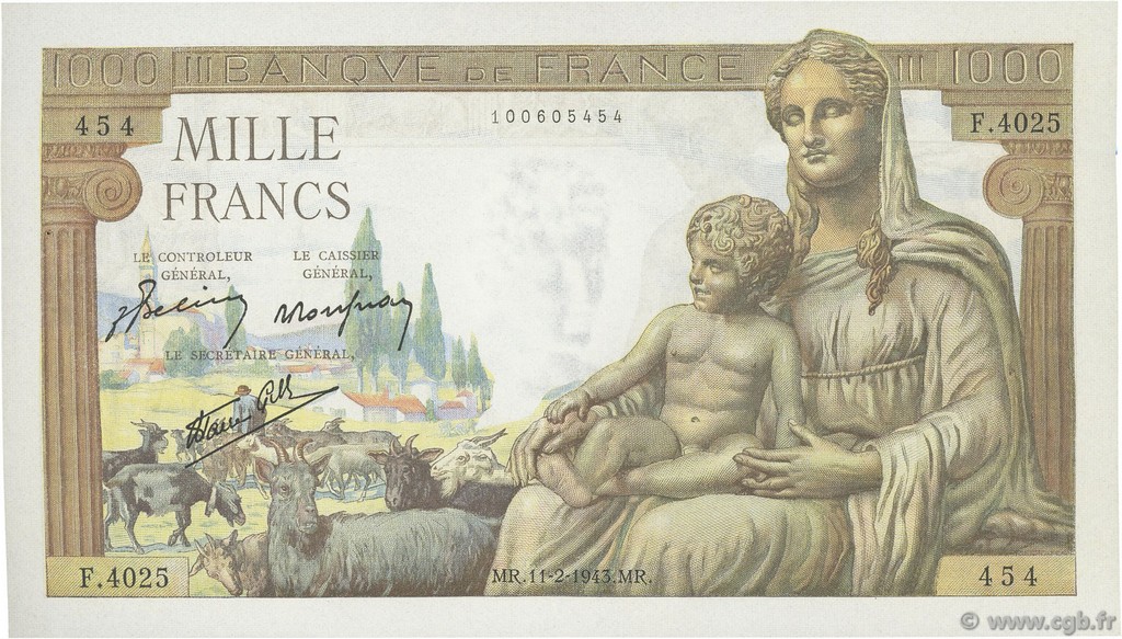 1000 Francs DÉESSE DÉMÉTER FRANCIA  1943 F.40.18 SPL+