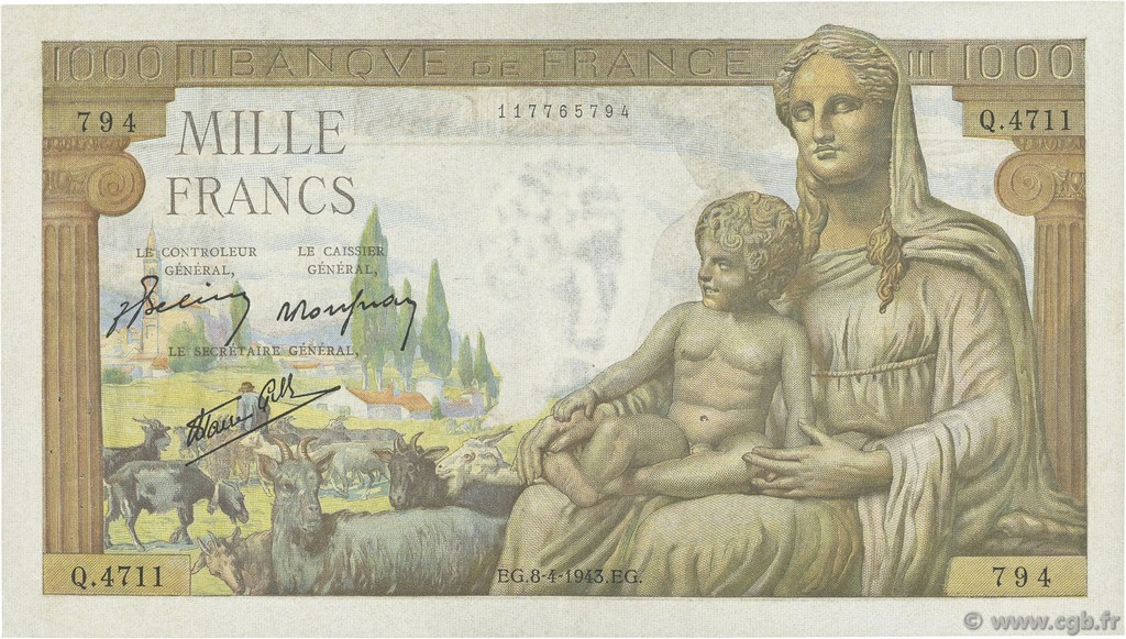 1000 Francs DÉESSE DÉMÉTER FRANCIA  1943 F.40.21 MBC