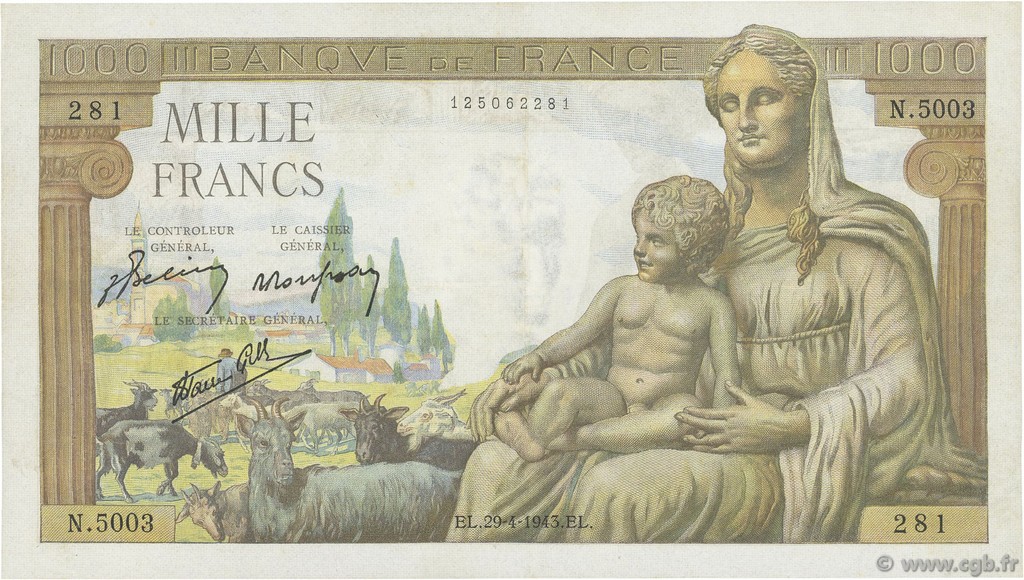 1000 Francs DÉESSE DÉMÉTER FRANCE  1943 F.40.22 XF