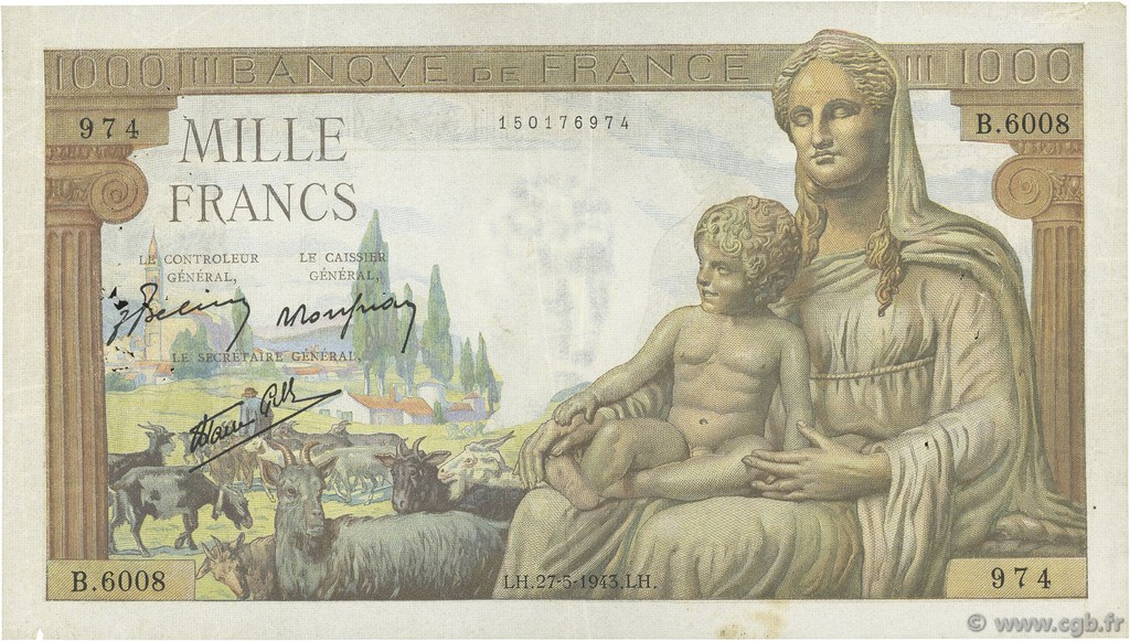 1000 Francs DÉESSE DÉMÉTER FRANCIA  1943 F.40.25 MB